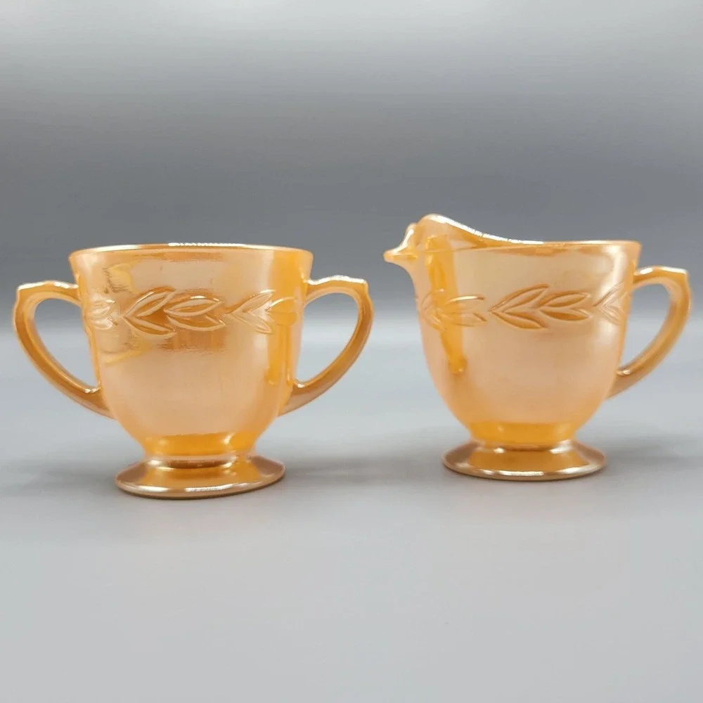Vintage Orange Lustre Fire King Creamer & Sugar Set Laurel Leaf Glass Oven Ware